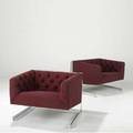 Milo baughman  thayer coggin pair of chrome cube chairs with floating seats upholstered in tufted burgundy fabric 26 x 34 12 x 30 14