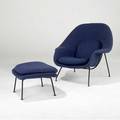 Eero saarinen  knoll womb chair upholstered in mottled dark blue wool on black enameled metal frame with ottoman 36 x 30 x 40
