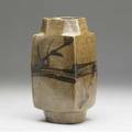 Shoji hamada foursided ceramic vase with faceted rim covered in brown glaze with brushed designs 10 x 4 34 x 4 34