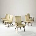 George nakashima  widdicomb set of six dining chairs two arm and four side with cream dotted fabric upholstery on sundra wood frames painted in a light white wash finish armchair 35 x 25 x 25