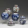 Chinese export six pieces sugar pot with lid doublehandled covered pot with underplate and four ginger jars with no lids late 18thearly 19th c tallest 6 14