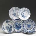 Delft grouping of four plates and two bowls 18th c largest 9
