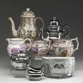 English ceramics seven pieces include staffordshire teapot two pink lustre pitchers three pieces of silver lustre tea grouping not matching and silver lustre planter 19th c tallest 11