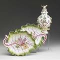 English porcelain two chelsea leaf dishes together with a derby frill vase 18th c all with repairs vase 10 34