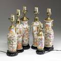 Chinese export six rose medallion vases converted to lamps 19th c tallest to finial 16 12