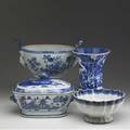 Chinese export four blue and white pieces soup tureen open deep serving bowl round open fruit bowl and flared planter with drain in bottom 19th c two with damage largest 12 12 x 8 34
