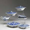 Chinese export seven canton serving dishes includes four covered vegetables and two gravy boats one with underplate 19th c largest 9 x 11