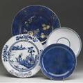 Chinese export four blue and white round platters ca 17601780 all with some damage largest 15