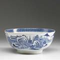 Chinese export blue and white deep bowl with landscape decoration 18th c repair to interior of base 4 14 x 10 14 dia