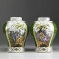 European porcelain pair of urns with missing lids crossed sword meissentype mark 19th c drilled for lamps 11