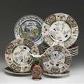 English ironstone twelve pieces of masons ironstone ten matching plates one vase and an oriental design plate mid 19th c tallest 6 12