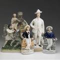 Staffordshire five figures includes britains glory ready and willing and three others 19th c some with damage tallest 16 12