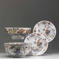 Chinese imari four pieces includes two deep bowls and two plates all with imari decoration 19th c largest 5 x 10 12 dia