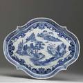 Chinese export blue and white serving platter with landscape decoration 19th c 18 12 x 15