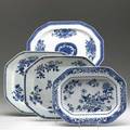 Chinese export four blue and white platters all with floral decoration early 19th c largest 16 x 13 14