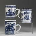 Chinese export three blue and white cider mugs with landscape decoration 18th c tallest 5 12