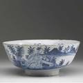 Lambeth delft deep bowl with landscape decoration ca 1770 hairlines 5 x 12 dia