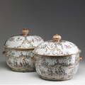 Chinese export two famille rose covered tureens 19th c larger 13 12 x 14