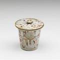 Chinese export small cylindrical covered jar with erotic vignettes 18th c 3 14 x 3 14 dia