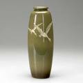 Weller jap birdimal vase painted with white geese in flight against an olive green ground script weller 10 x 3 12