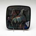 Pillin square plate painted with three horses signed pillin 9 sq