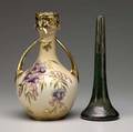 Riessner stellmacher  kessel amphora etc twohandled vase by paul dachsel with reticulated top painted with bleeding hearts light wear to gilt together with a delphin massier bud vase with lot