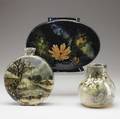 Tj wheatley etc three barbotinedecorated vases two by tj wheatley and one by rettigvalentien with a snowy landscape by f ward all signed tallest 8 12