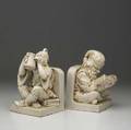 Northwestern terracotta co figural bookends with monks reading and drinking some nicks to bases stamped the northwestern terracota co chicago ill 8 12 x 5 x 5