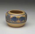 North dakota school of mines squat vase carved by julia mattson with indigo buffalo on beige ground indigo stamp jm3 3 14 x 4 34