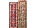 Northwest persian two long rugs with geometric patterns ca 1970 one in red ivory and indigo incorporates small antelopes the other in pastel tones 4 x 114 and 4 x 105