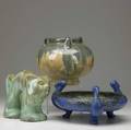 Fulper three items ibis bowl in cobalt and flemington green flambe one head reglued cat doorstop in turqoise crystalline glaze small chips to ears threehandled vase in blue and caramel flambe