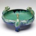 Fulper ibis bowl covered in blue and green flambe glaze grinding nicks to feet vertical mark 5 12 x 10 12