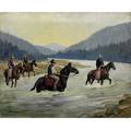 Matt daly oiloncanvas painting of a western scene cowboys fording a stream signed 16 14 x 20