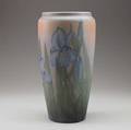 Rookwood decorated mat tall vase painted by sallie coyne with irises 1927 restored drilled hole on bottom uncrazed flame marksecxxvii1369b possibly added after restoration 15 x 6