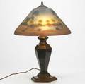 Classique table lamp with a textured glass shade reversepainted with a lake landscape over a faceted urnshaped twosocket copper base original patina unmarked 23 x 16