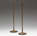 Henry g cleaveland pair of tall copper candlesticks with leaf detail near base some cleaning to patina missing a single petal on bobeche slightly dented stamped hg cleaveland boston 18 12