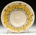 Saturday evening girls cereal bowl decorated in cuerda seca with a band of hens and chicks around eliza in yellow and white 1909 light wear around rim signed fl 241409 seg in vessel 1 34