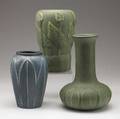 Hampshire three matte vases with leaves two green and one cobalt short line to rim of tallest all marked tallest 9 12
