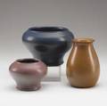 Marblehead three vessels in indigo purple and brown glaze ship marks tallest 5 12