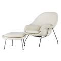 Eero saarinen  knoll womb chair and ottoman covered in textured white fabric upholstery on chromeplated steel frames chair 34 34 x 38 34 x 27 34 ottoman 14 12 x 25 12 x 19
