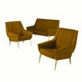 Danish modern threepiece furniture suite consisting of a settee and pair of matching armchairs with amber wool upholstery and polished brass feet settee 32 x 52 x 30 armchairs 32 x 30 x 30