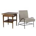 Jens risom walnut end table and upholstered chair on iron base risom decal to table table 24 x 27 x 20 34 chair 28 34 x 21 x 25