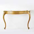 James mont console table with shaped marble on carved the wooden base in polychrome finish stamped james mont designs 29 12 x 48 x 15 34