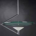 Fontana arte hanging fixture with polished steel shaft and partially etched circular glass diffuser 62 x 27 12 dia