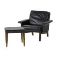 Hans olsen chair and ottoman with black leather upholstery chair has black danish control tag ottoman has label chair 28 14 x 30 x 27 14