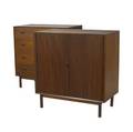 Peter hvidt  john stuart two teak case pieces a dropfront desk with three drawers and a cabinet with tambour doors enclosing three shelves stamped made in denmark desk 37 x 35 12 x 18 34