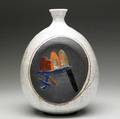 Ernie kim stoneware bottle with abstract designs and a brown speckled white ground signed kim 11 x 8 14