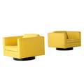 Harvey probber pair of cube chairs upholstered in yellow wool on ebonized oak swivel base each 22 x 30 sq