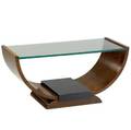 Art deco coffee table with glass top on curved burled veneer base with black lacquered details marked js 5269 d 22980 15 12 x 31 34 x 17