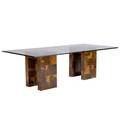 Paul evans dining table with glass top over two olivewood patchwork bases signed 29 14 x 95 14 x 43 34